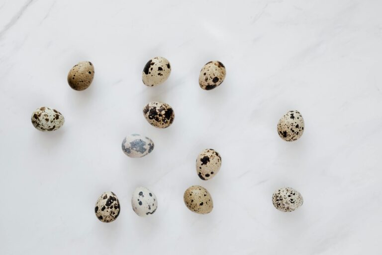 Top view of natural quail eggs placed chaotically on white table during cooking process in kitchen